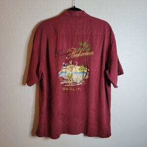Tommy Bahama Burgundy Silk With Embroidery Button Down Short Sleeve Shirt Large.